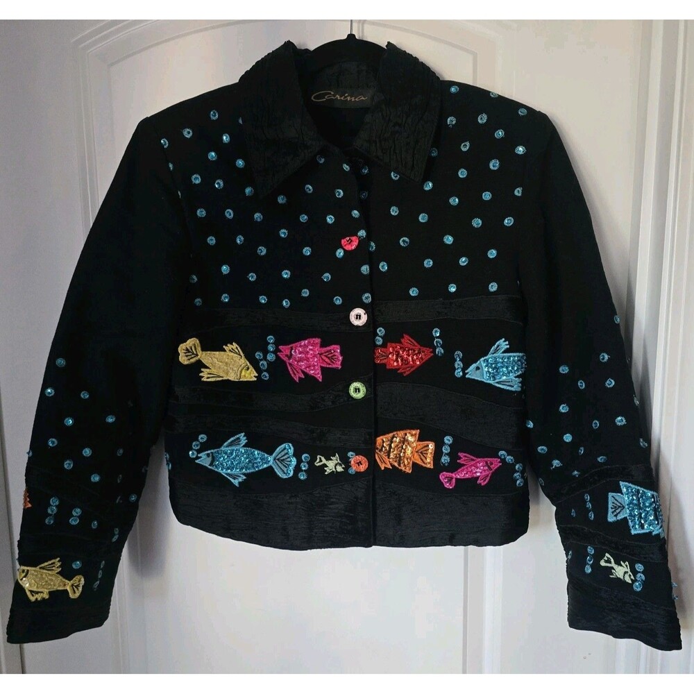 VTG Carina Sequin Embellished  Blazer Jacket Colorful Wearable Art Retro Y2k